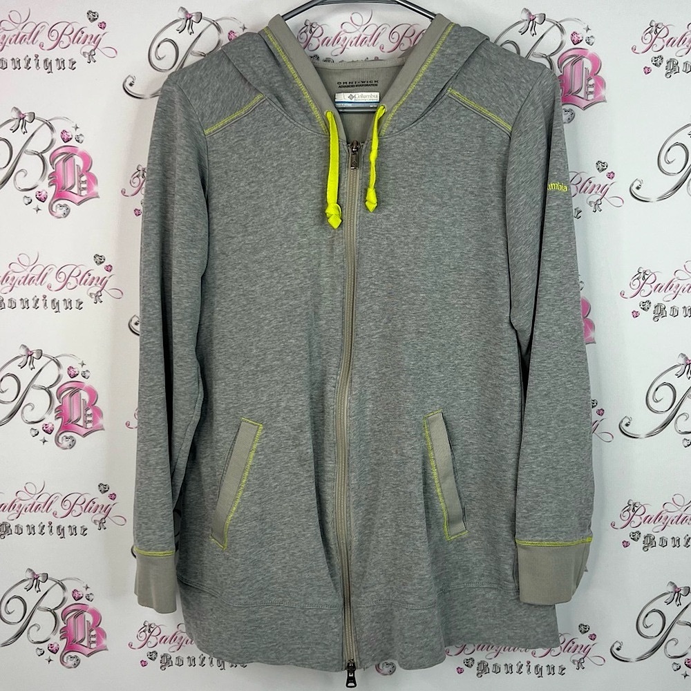 Columbia sweater hoodie zip up green yellow thread trim grey Sweatshirt